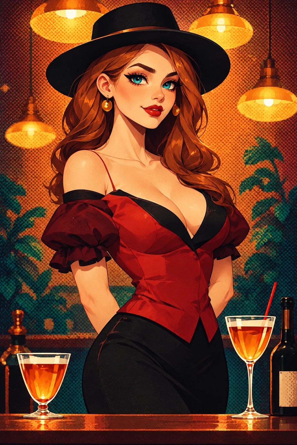 Uma mulher glamorosa sorri num bar de cocktails com iluminação acolhedora