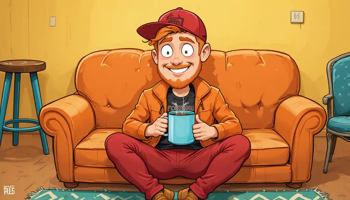 A ginger-haired man relaxes on an orange sofa with a steaming mug