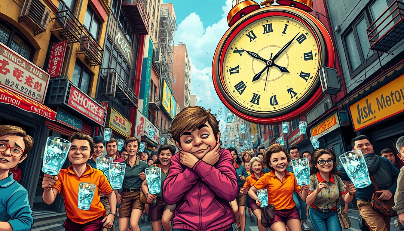 A comic city street spirals into an absurd urban rat race