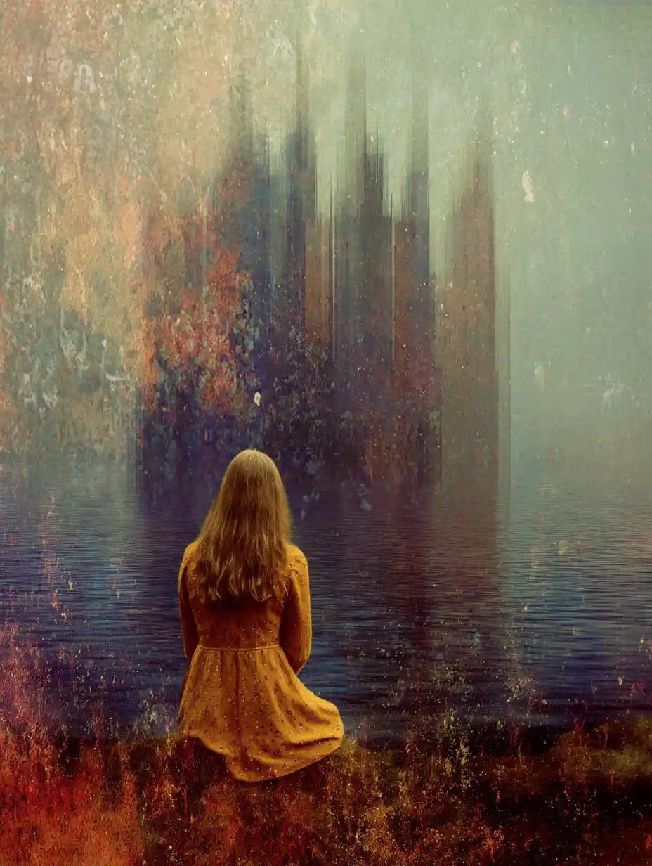 A dreamlike seascape appears through a soft veil of haze
