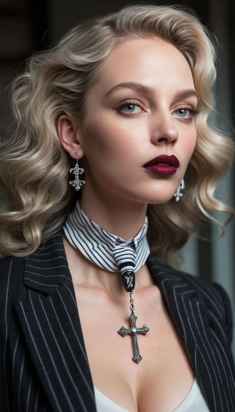 A platinum blonde woman in goth attire stands on the stairs