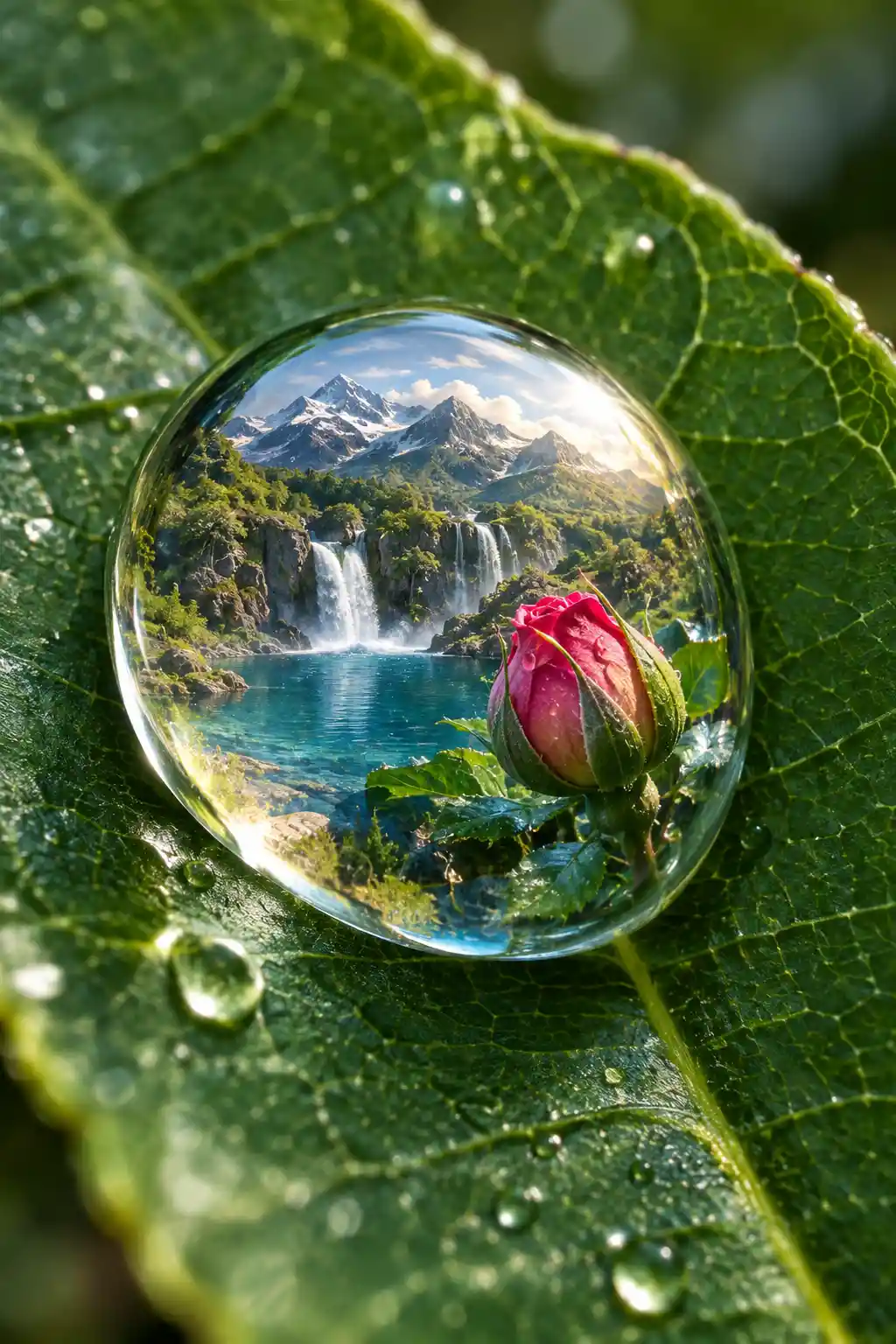 Close-Up Leaf With a Water Droplet Holding a Tiny Mountain Landscape