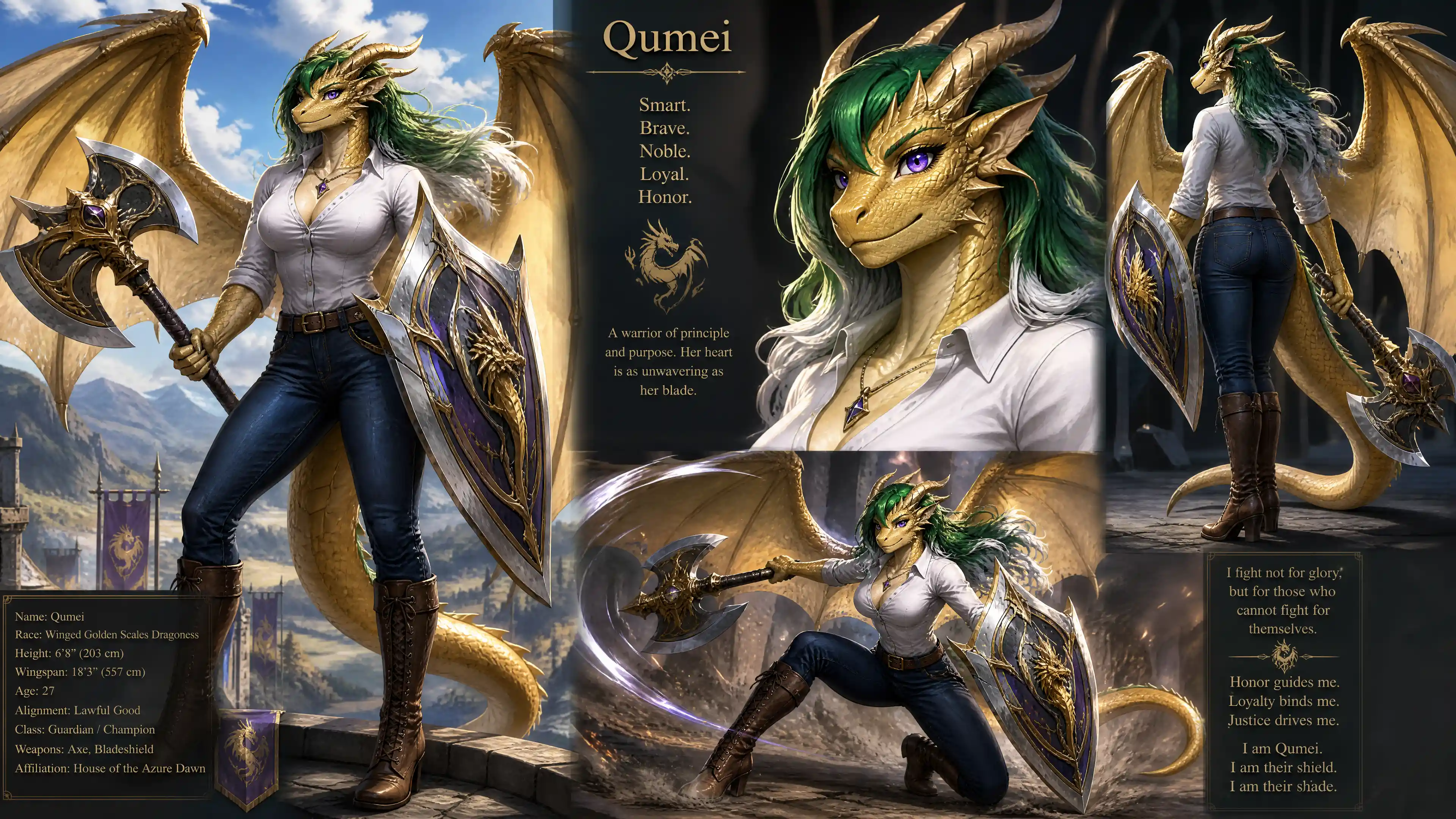 A winged anthropomorphic dragoness with golden scales and green hair