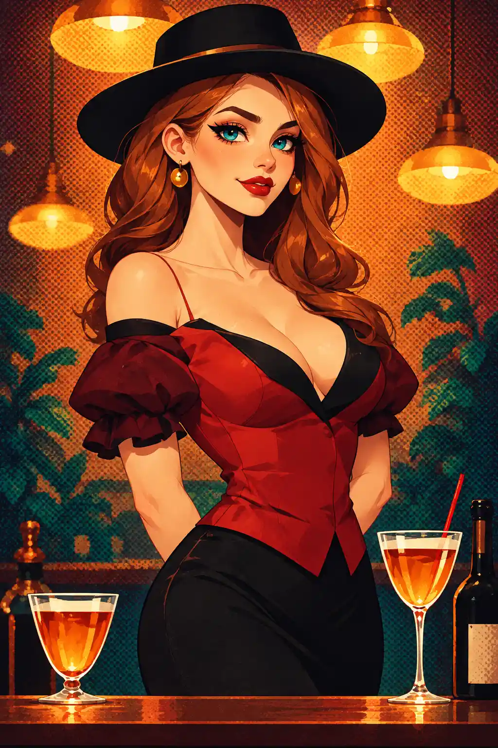 Una donna glamour sorride in un cocktail bar dalla luce calda