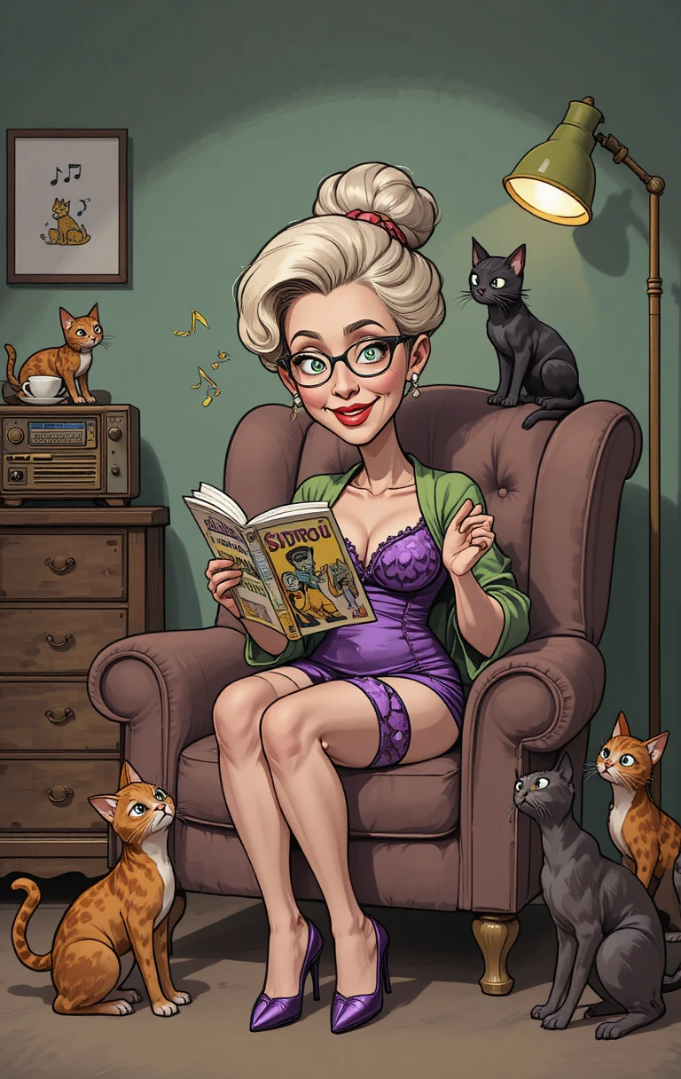 A cheerful elderly woman reads comics among cats in her cozy home