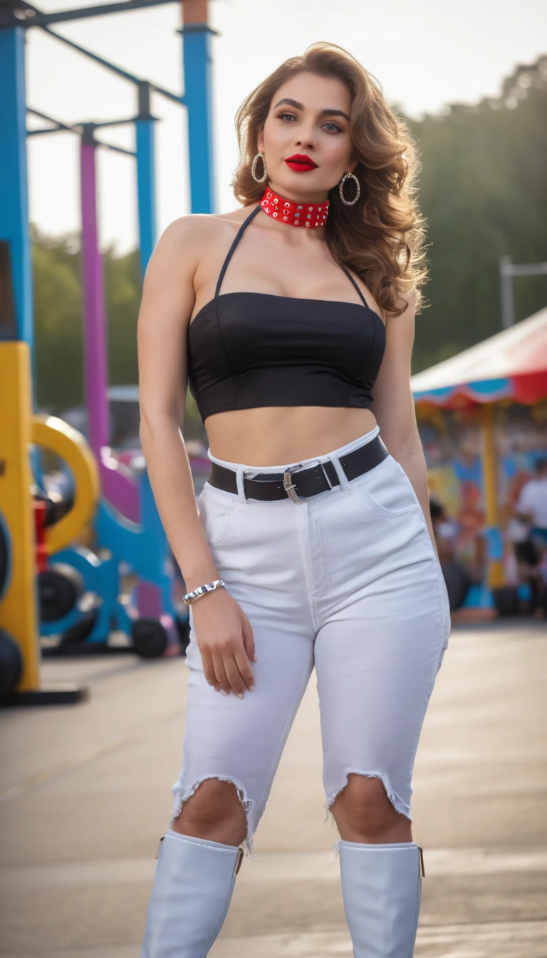 A young woman in biker attire at a glowing fairground