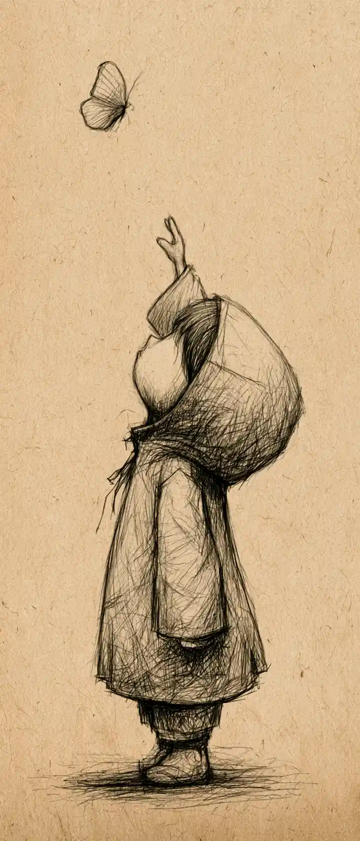 A Child Reaches Toward a Butterfly in a Delicate Pencil Sketch