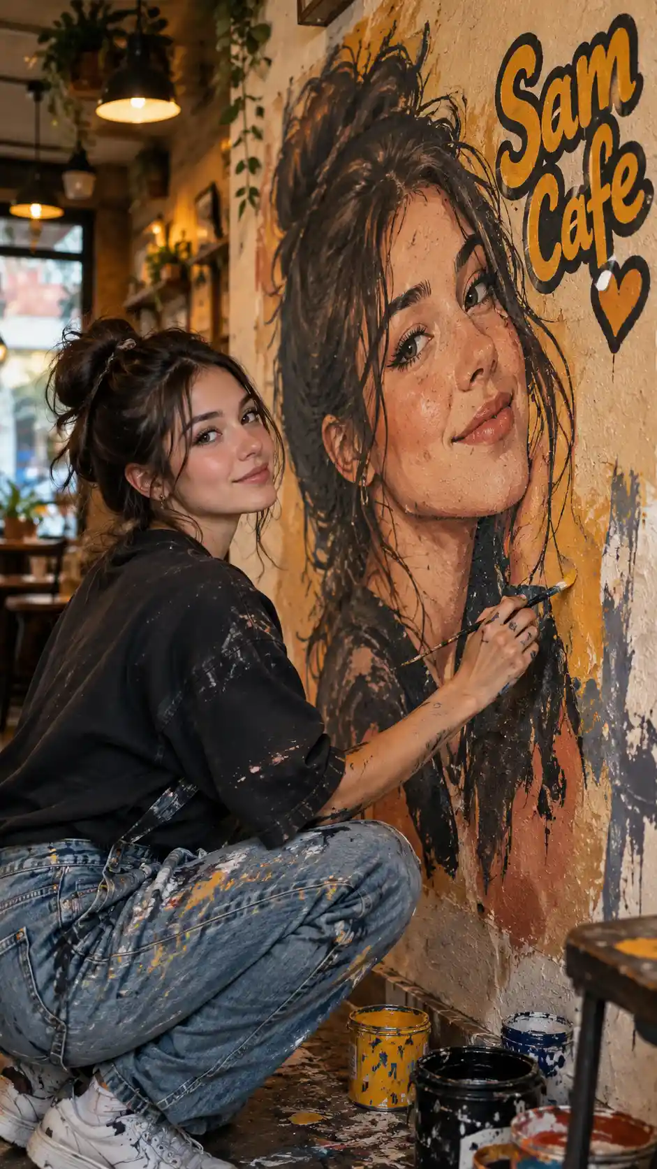 A girl paints her own portrait mural inside a cozy cafe