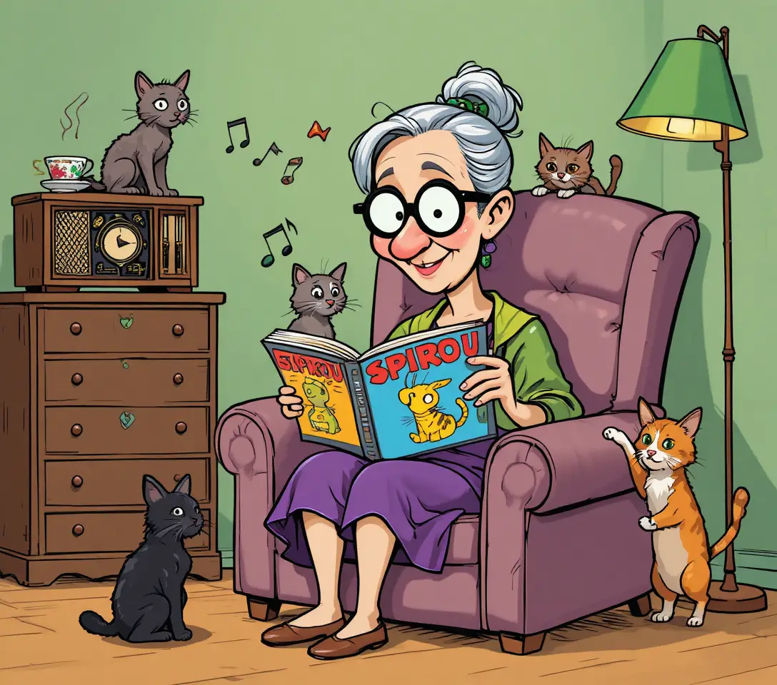 Eine fröhliche ältere Frau liest in ihrem Sessel einen Comic