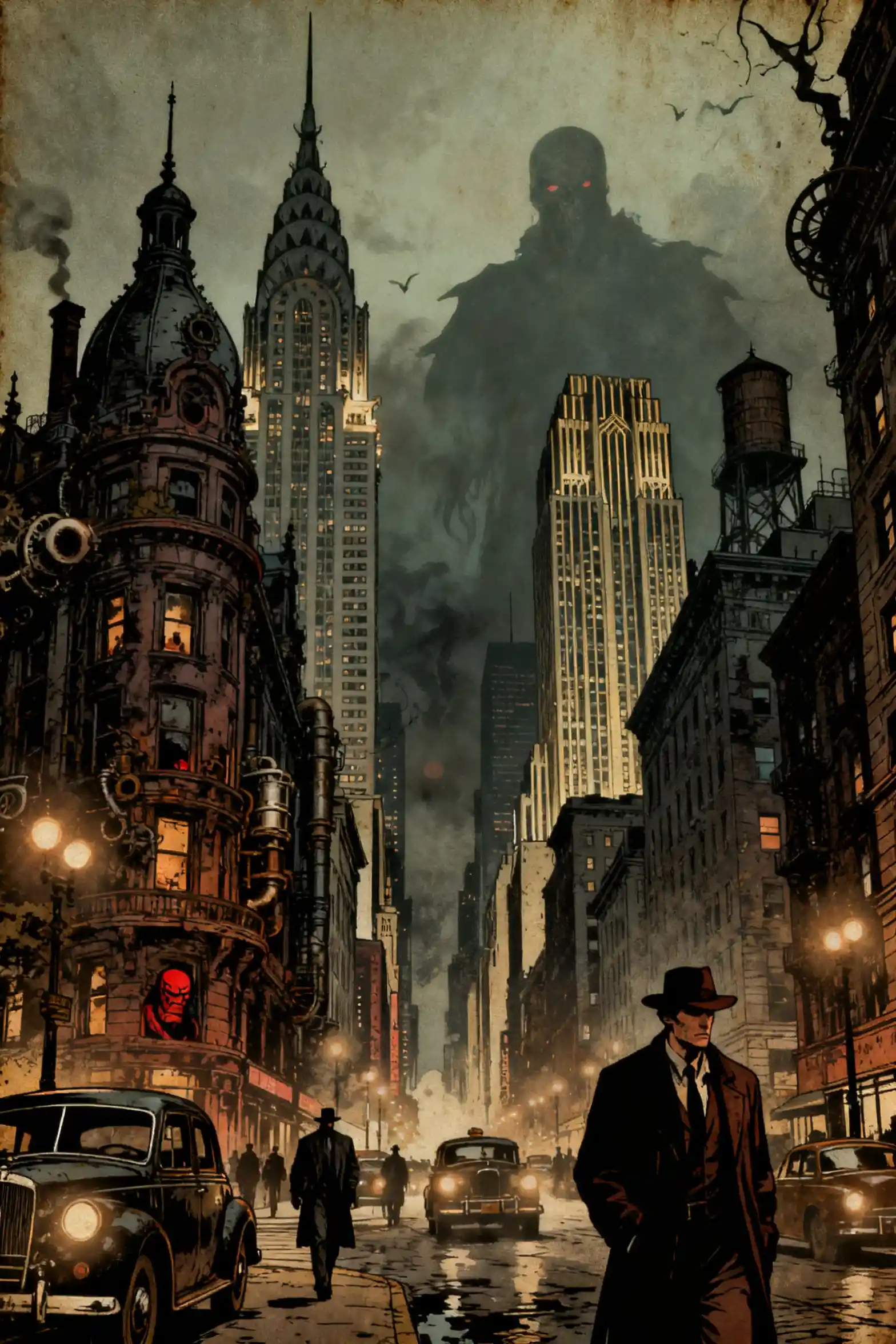 A gritty comic book street scene in dark New York City