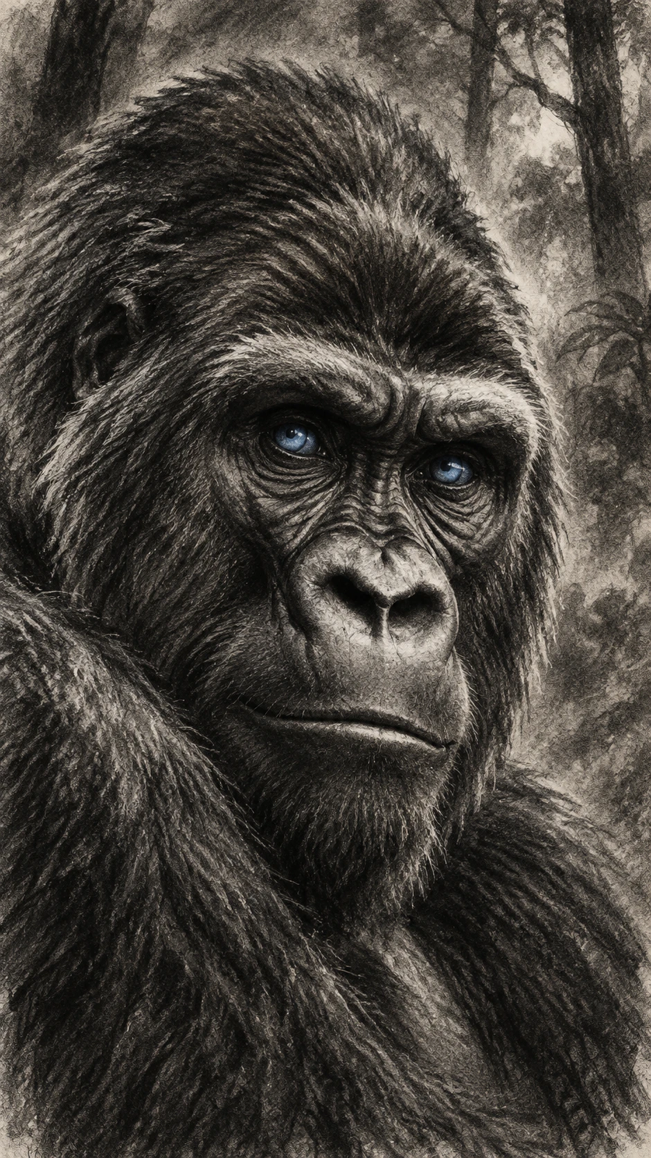 A fierce gorilla portrait with blue eyes in expressive charcoal