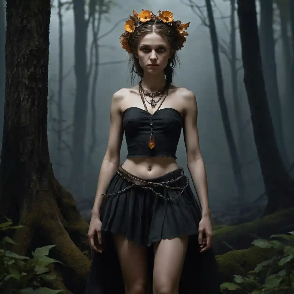 A young witch stands beneath a vast moon in a shadowed forest