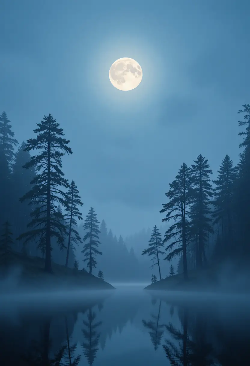 Pinos y luna llena reflejados en un lago en calma