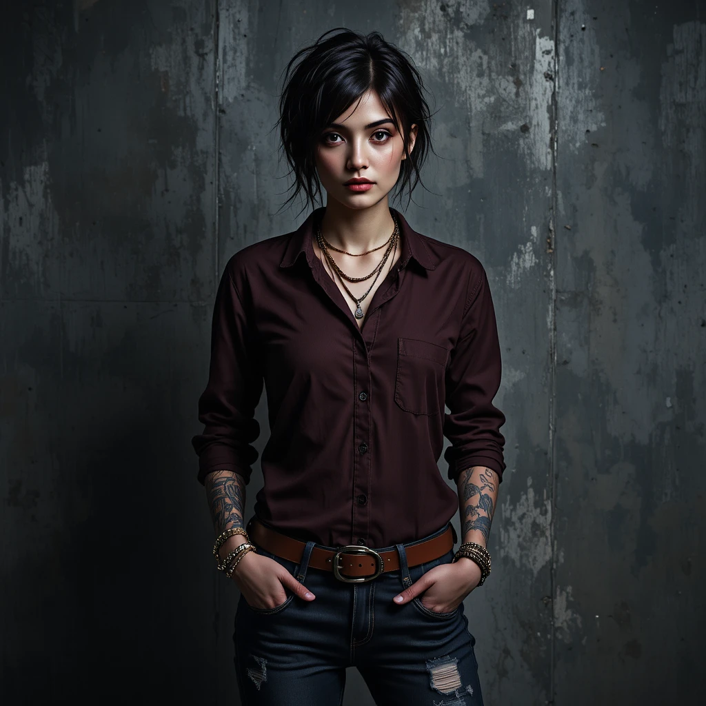 A tattooed woman poses in a burgundy shirt against concrete