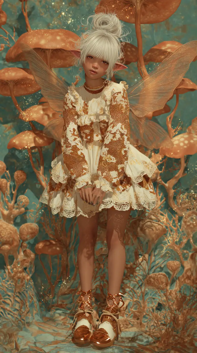 A silver-haired elf girl with glowing wings in a fantasy landscape