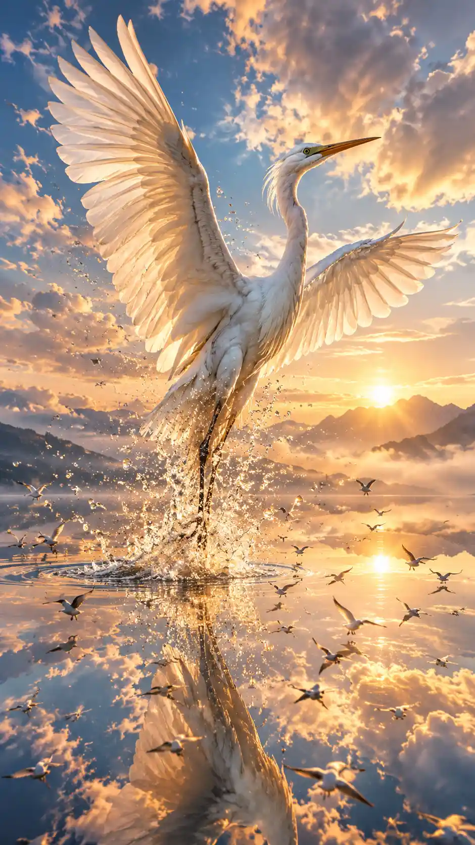 A white heron rises from a lake beneath a mirrored sky