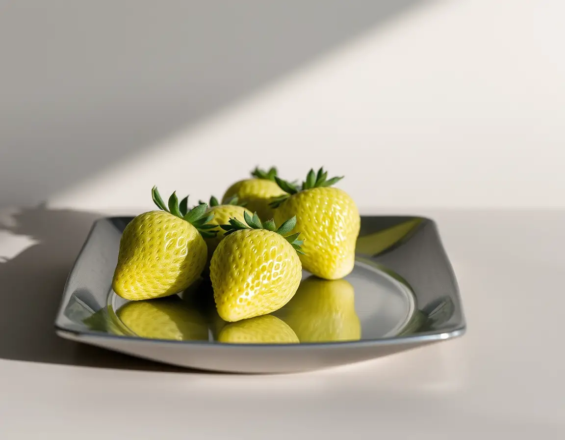 Raw green strawberries rest on a small silver plate