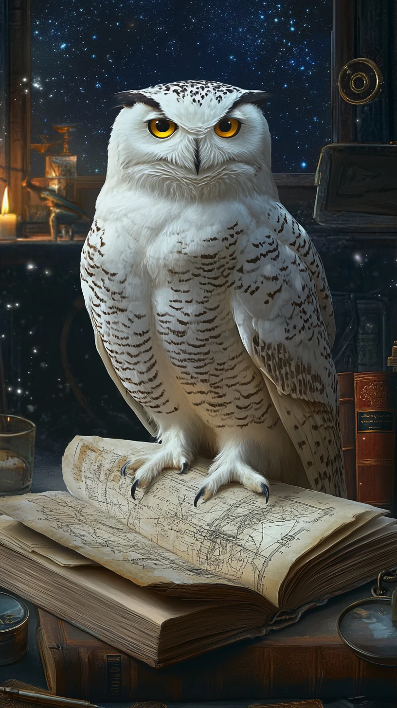 A snowy owl perched on an open book beneath a starry sky