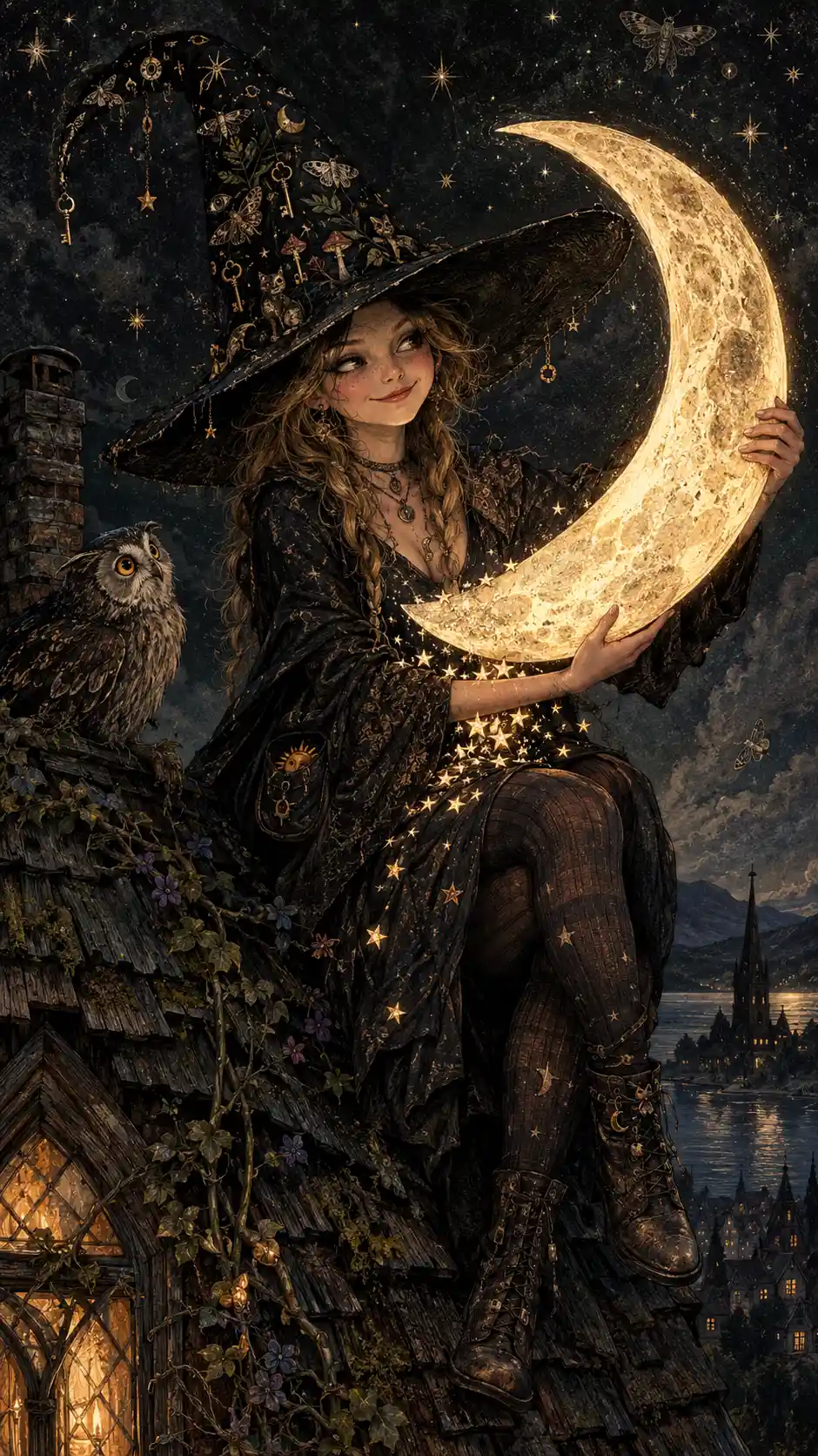 A Young Witch Steals the Crescent Moon from a Crooked Cottage Roof
