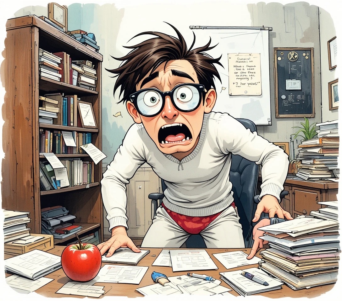 A panicked man rummages through a filing cabinet in a cluttered office