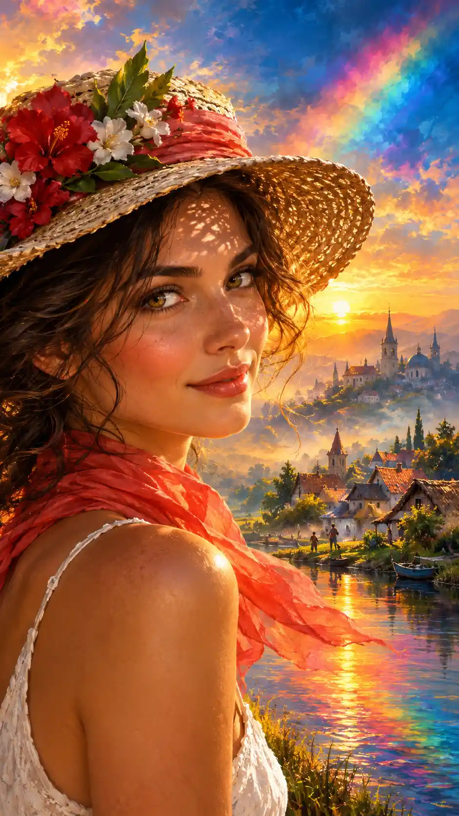 Young Woman in a Flowered Straw Hat by the Mediterranean Sea