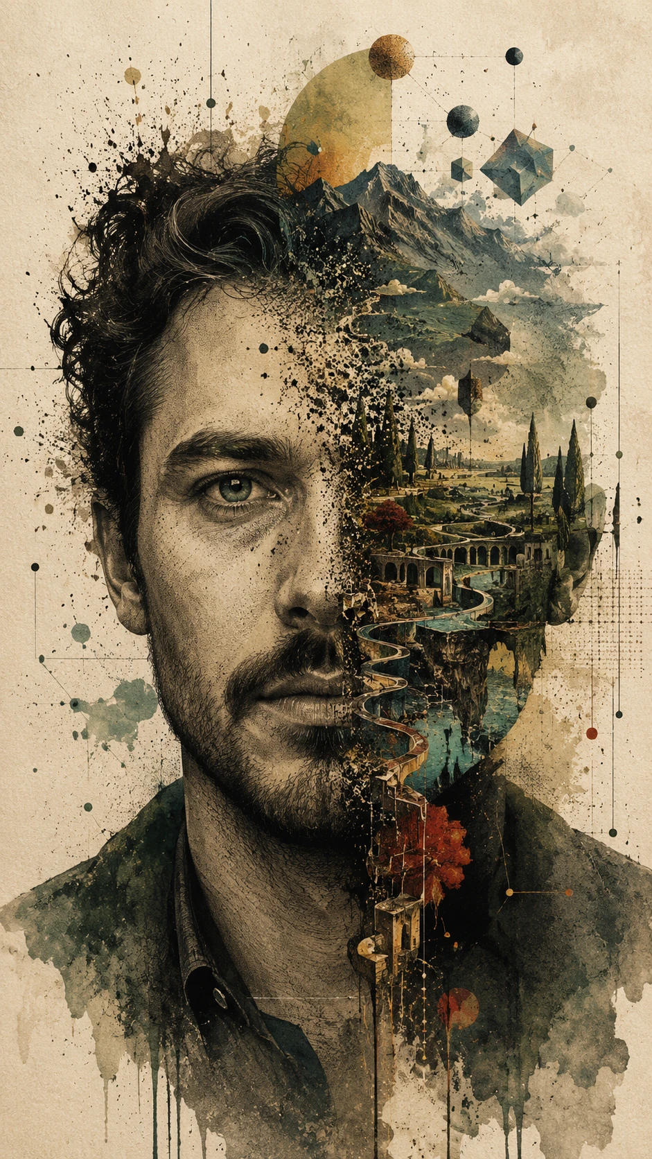 A forward facing man with a surreal landscape hidden beneath his skin