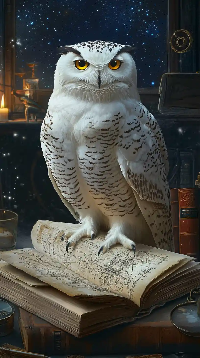 A snowy owl perched on an open book beneath a starry sky