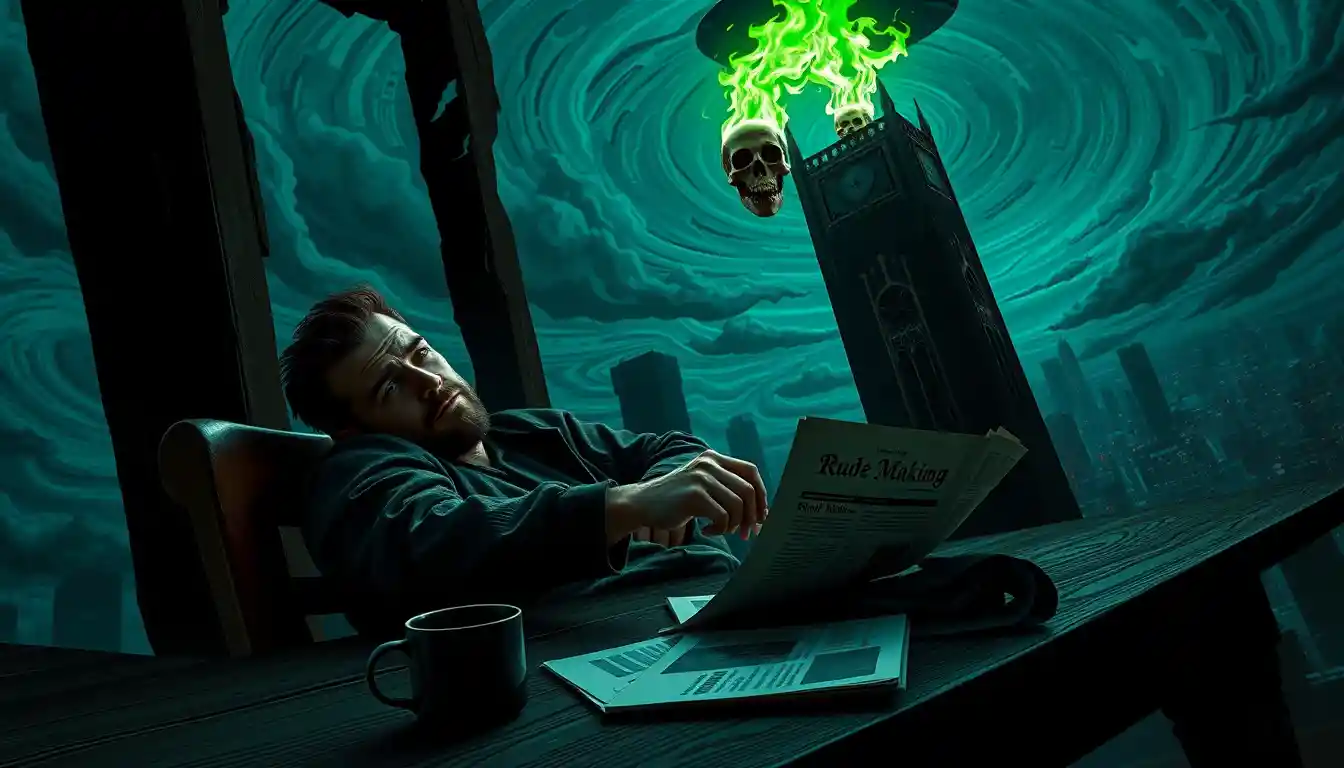 A weary man slumps over a cluttered table in a dark room