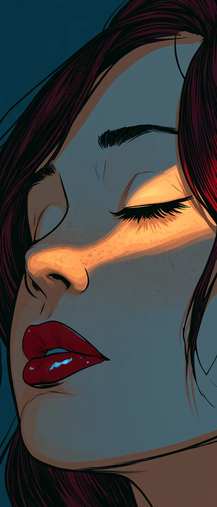 A serene woman's close-up portrait with crimson hair and glossy red lips