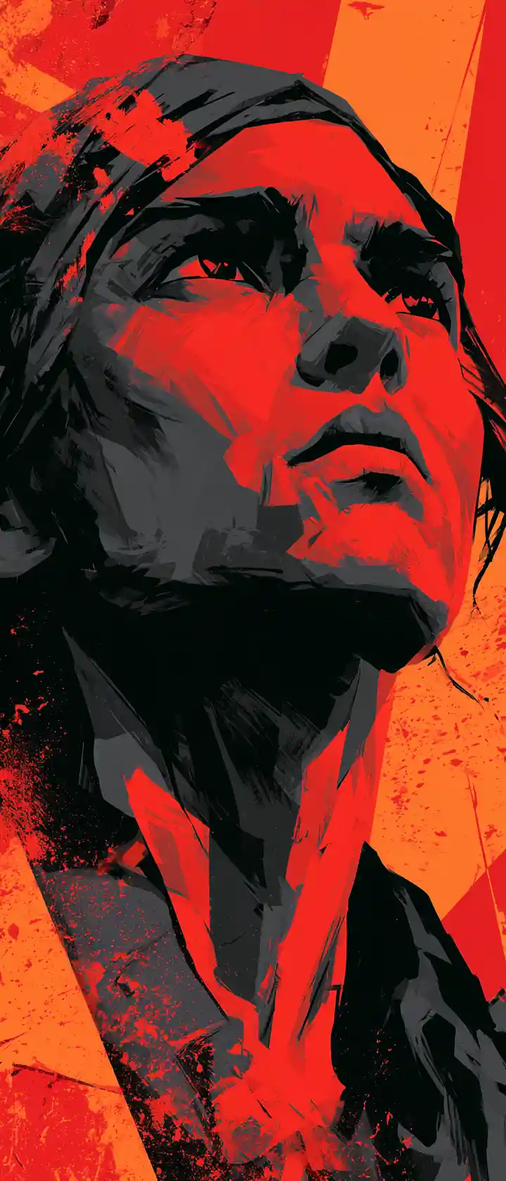 A woman holds a steady gaze against bold geometric color