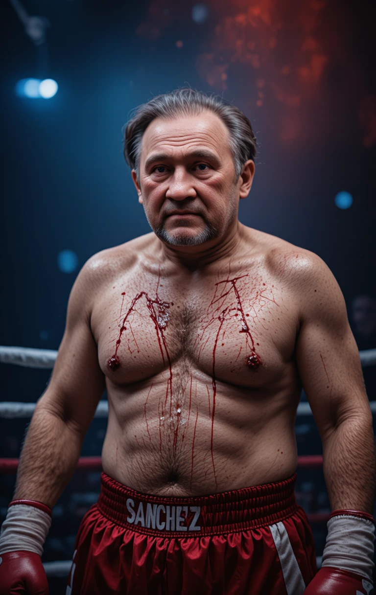 Un boxeador agotado, herido y ensangrentado bajo las dramáticas luces del ring