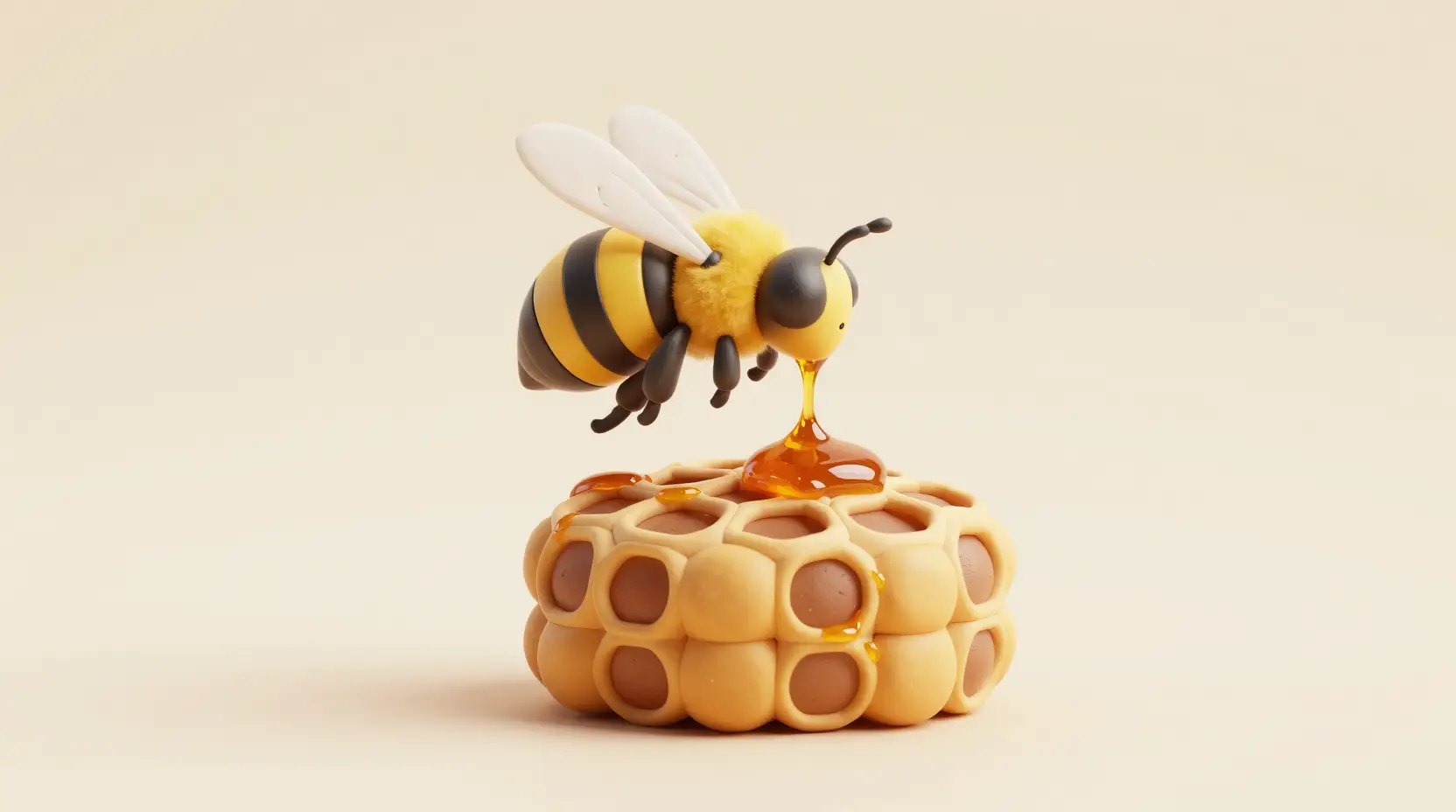 A honeybee hovers above glossy honeycomb in a playful 3D scene