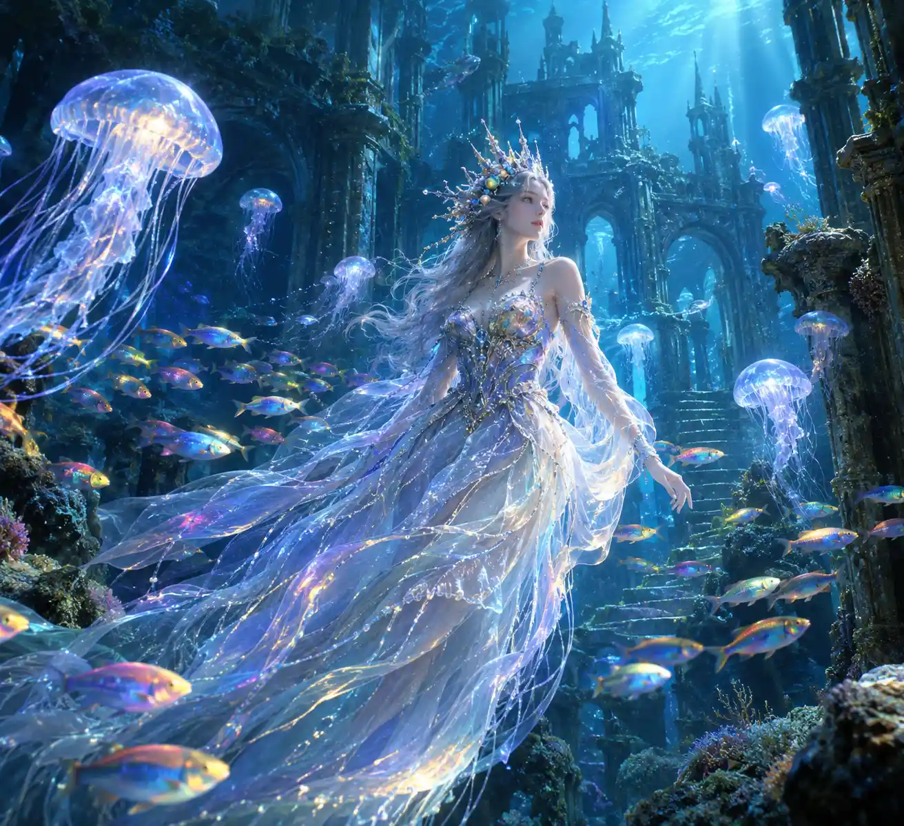 A Queen Glides Through the Ruins of a Decaying Underwater Palace