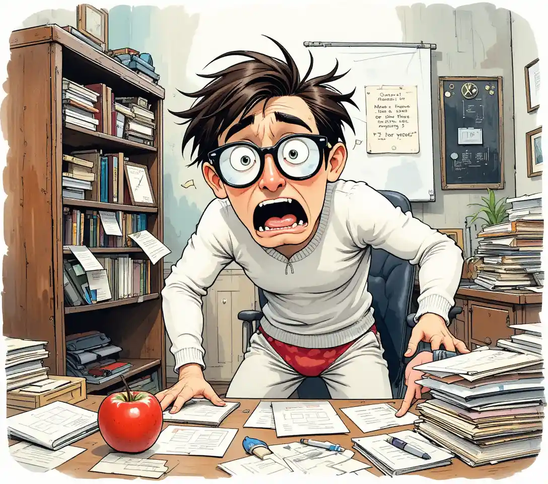 A panicked man rummages through a filing cabinet in a cluttered office