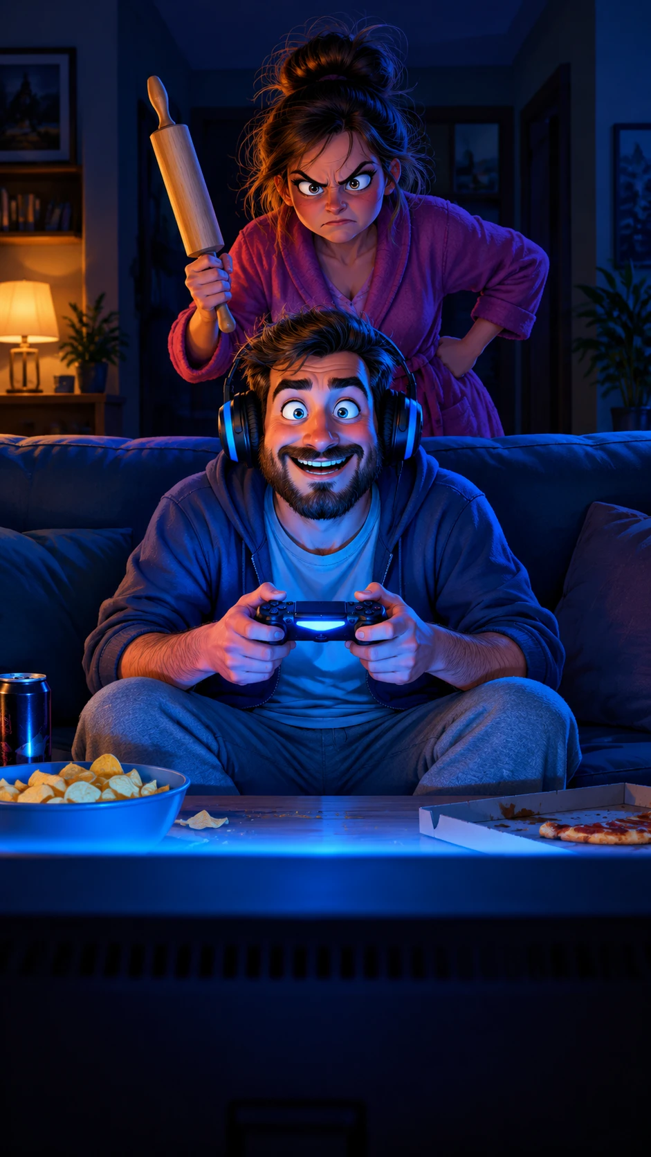 A relaxed man plays video games as his angry wife stands behind him