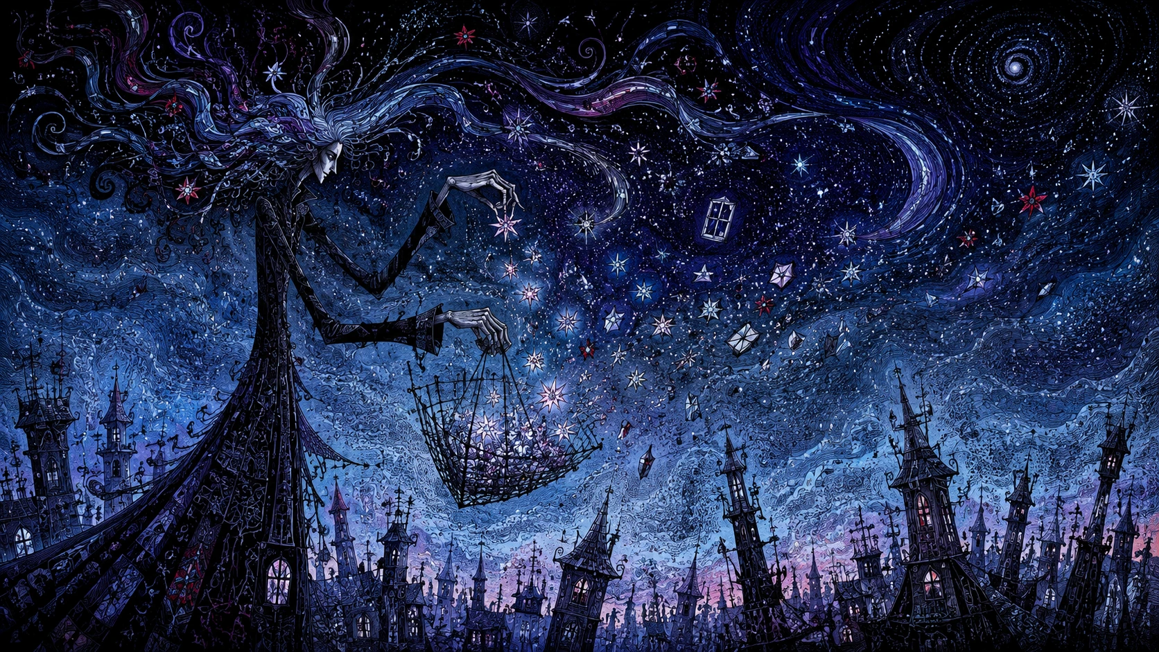 奇幻身影在遼闊夜空下收集閃耀的星星