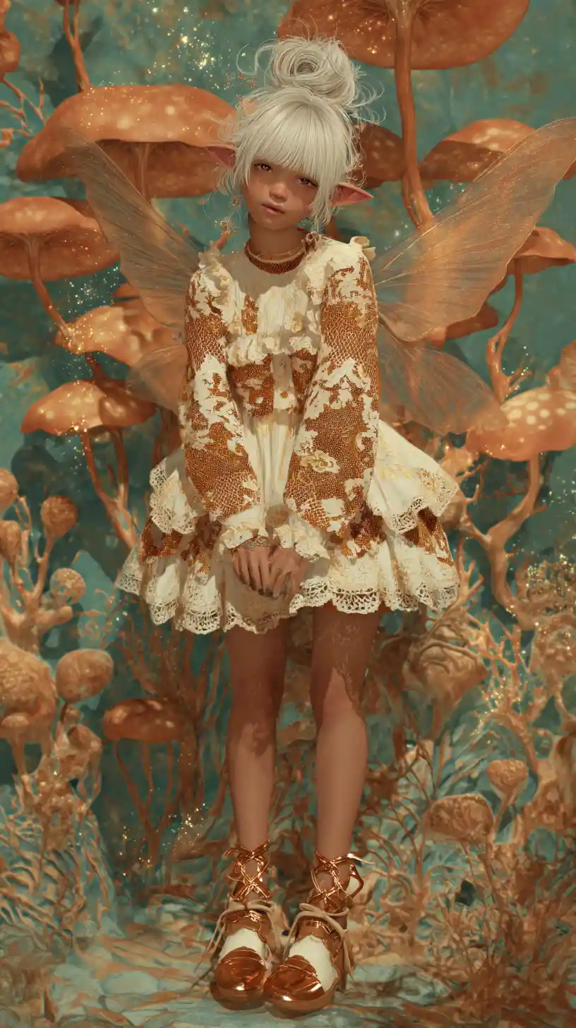 A silver-haired elf girl with glowing wings in a fantasy landscape