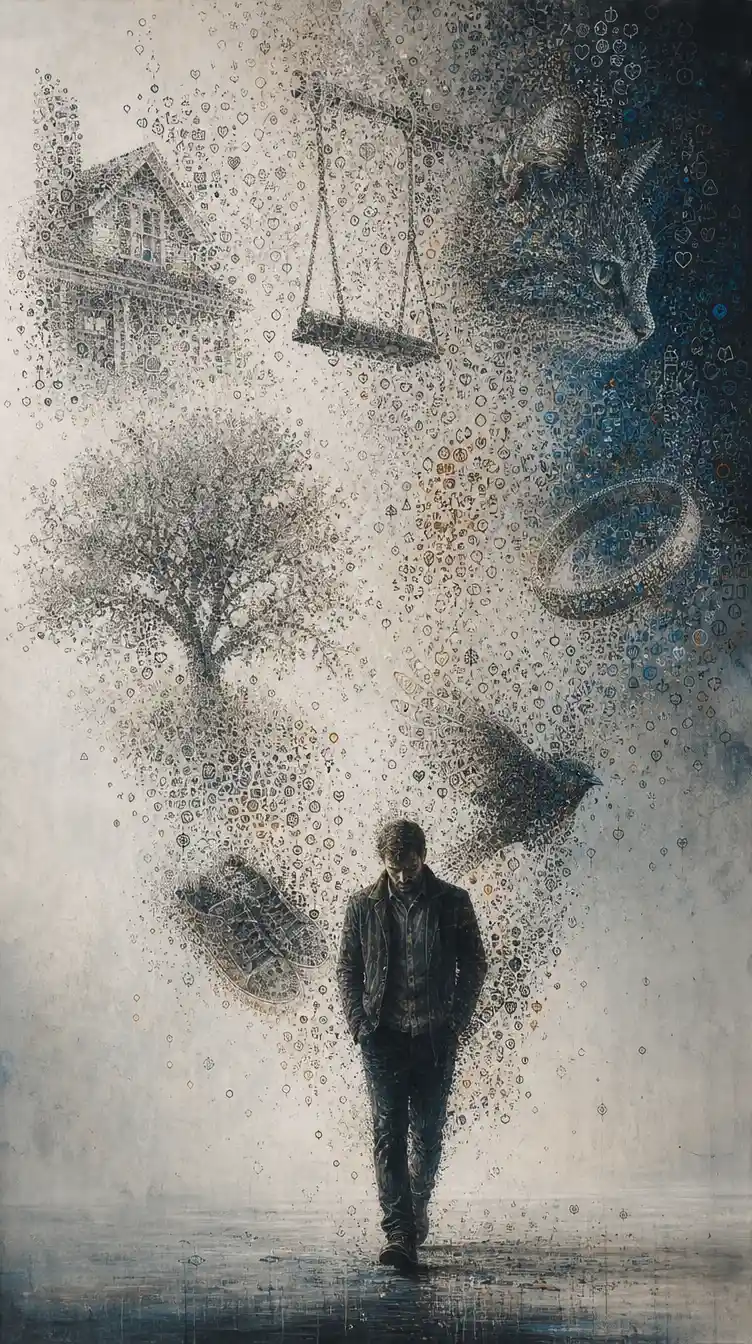 A person walks ahead of symbolic forms built from tiny marks