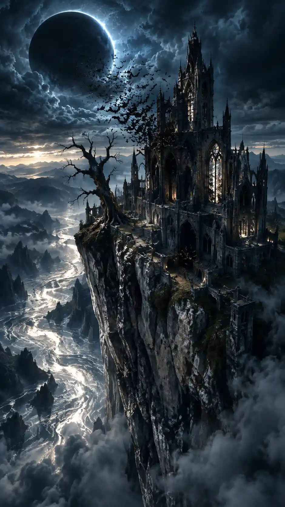 A decaying castle clings to a limestone cliff above molten silver