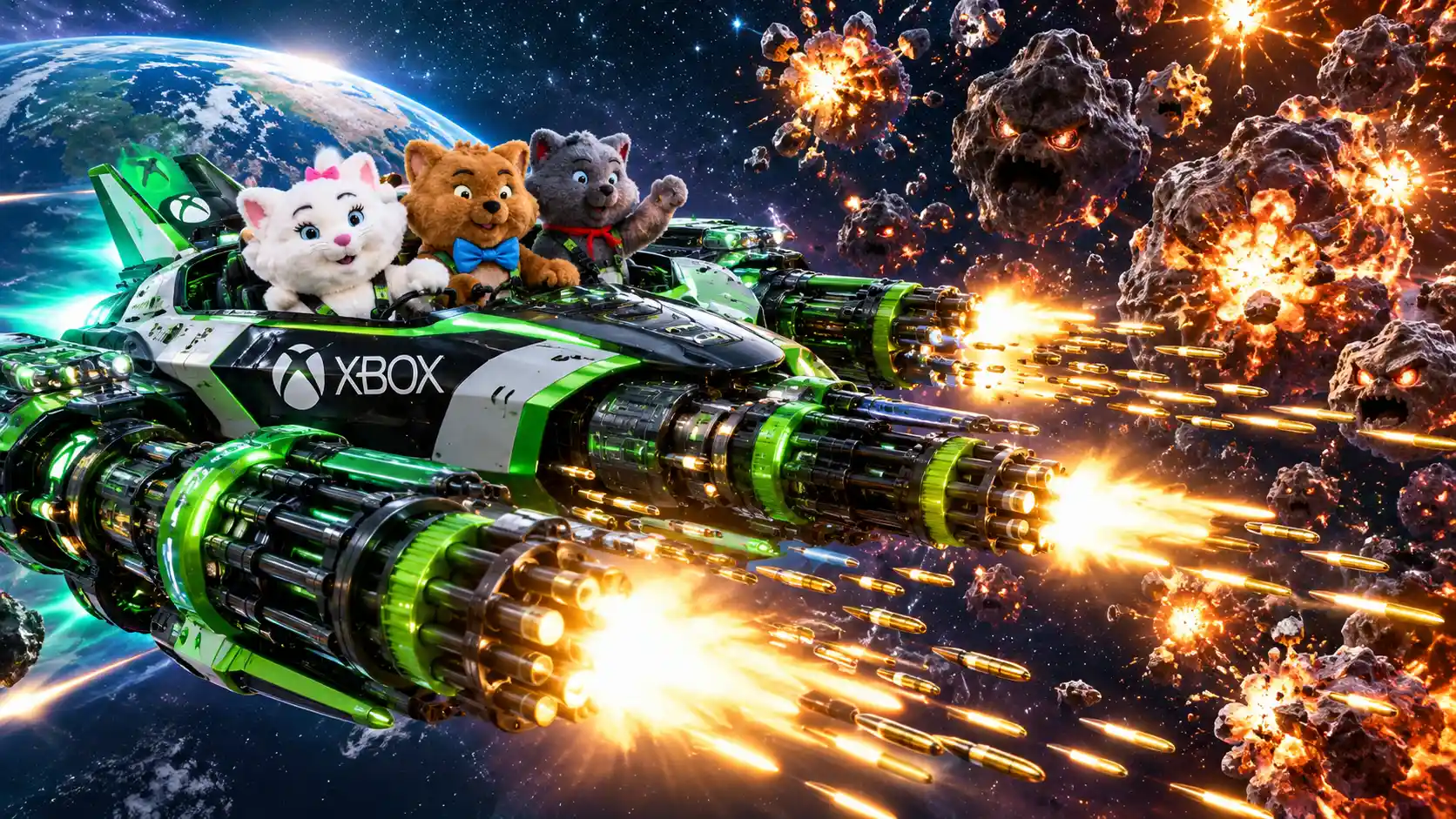 Three cat mascots ride a spaceship through outer space