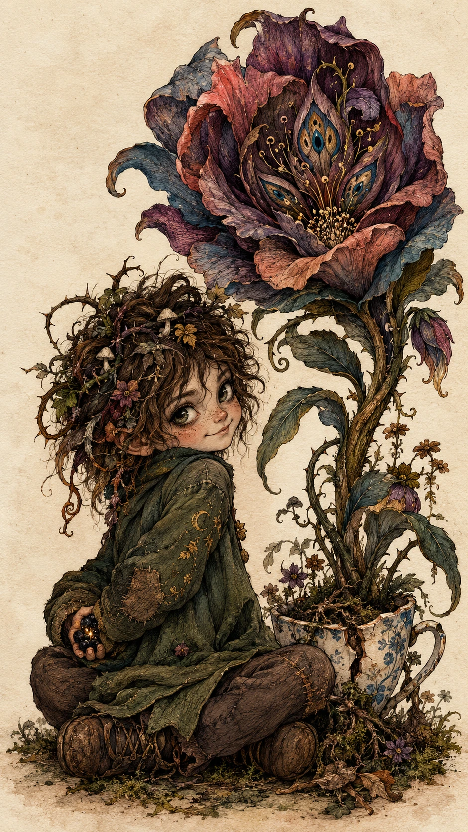 A woodland child sits beside a giant flower growing from a teacup