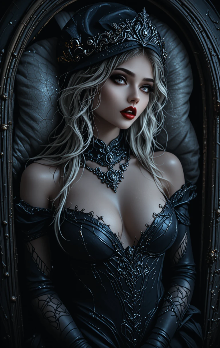 A vampire awakens in her metal coffin with an angry roar