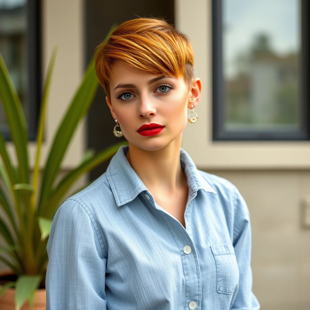 A woman in a chambray jumpsuit and white sandals
