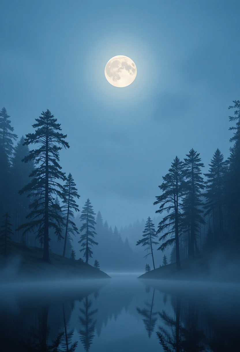 Pinos y luna llena reflejados en un lago en calma