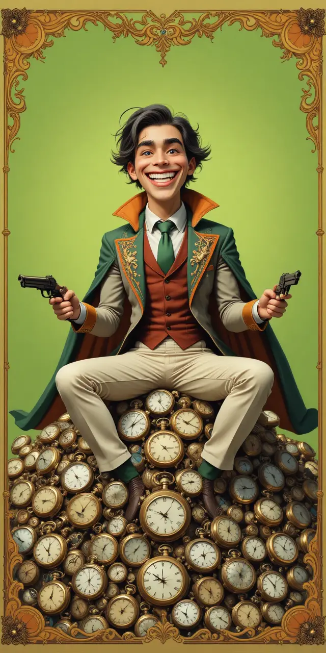 Un uomo sorridente in stile cartoon seduto su un mucchio di orologi da tasca vintage