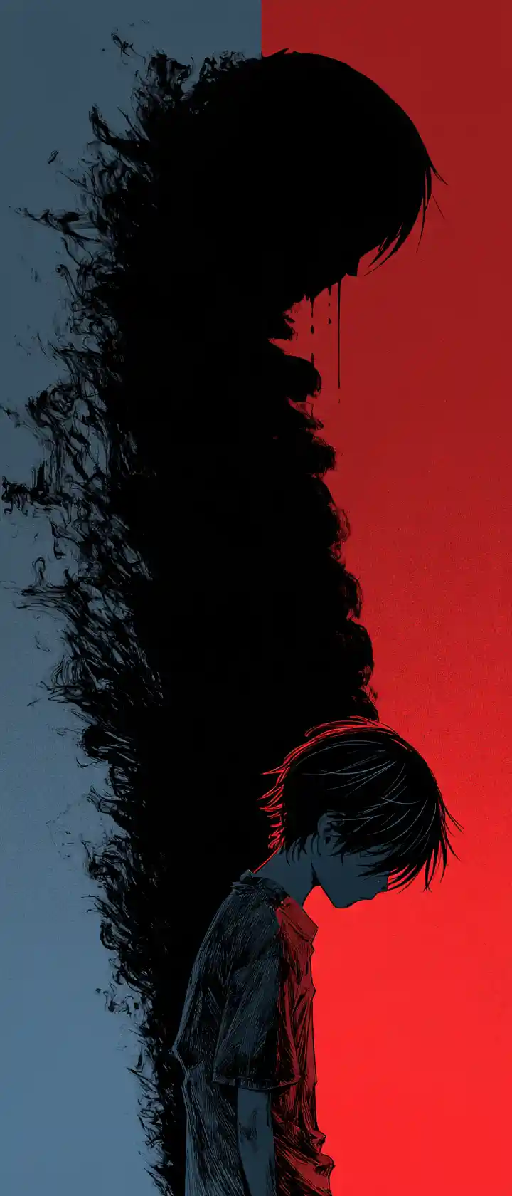 A bowed young boy stands beside a weeping shadow creature