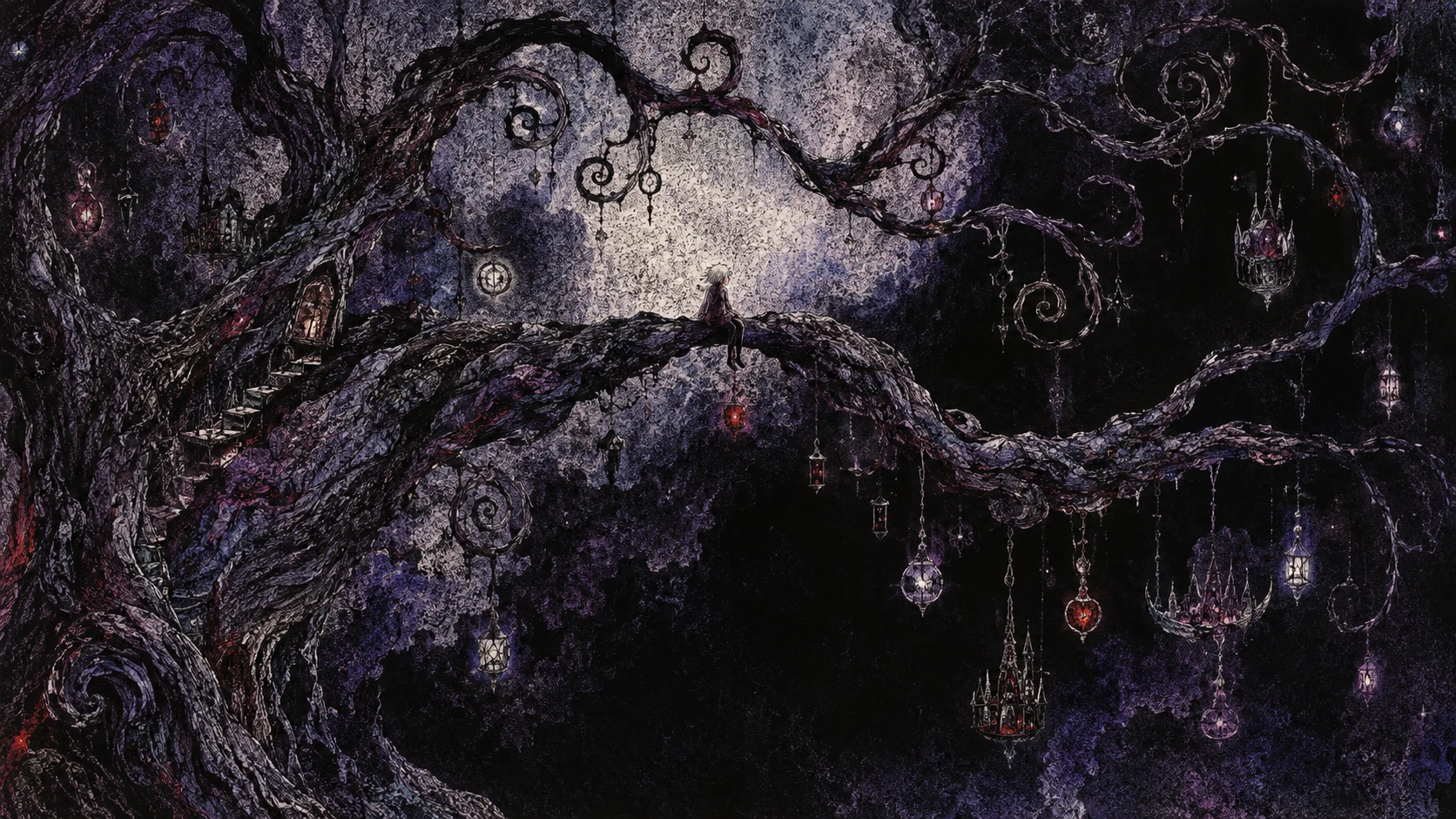 A crooked tree spans a surreal void with a tiny seated figure