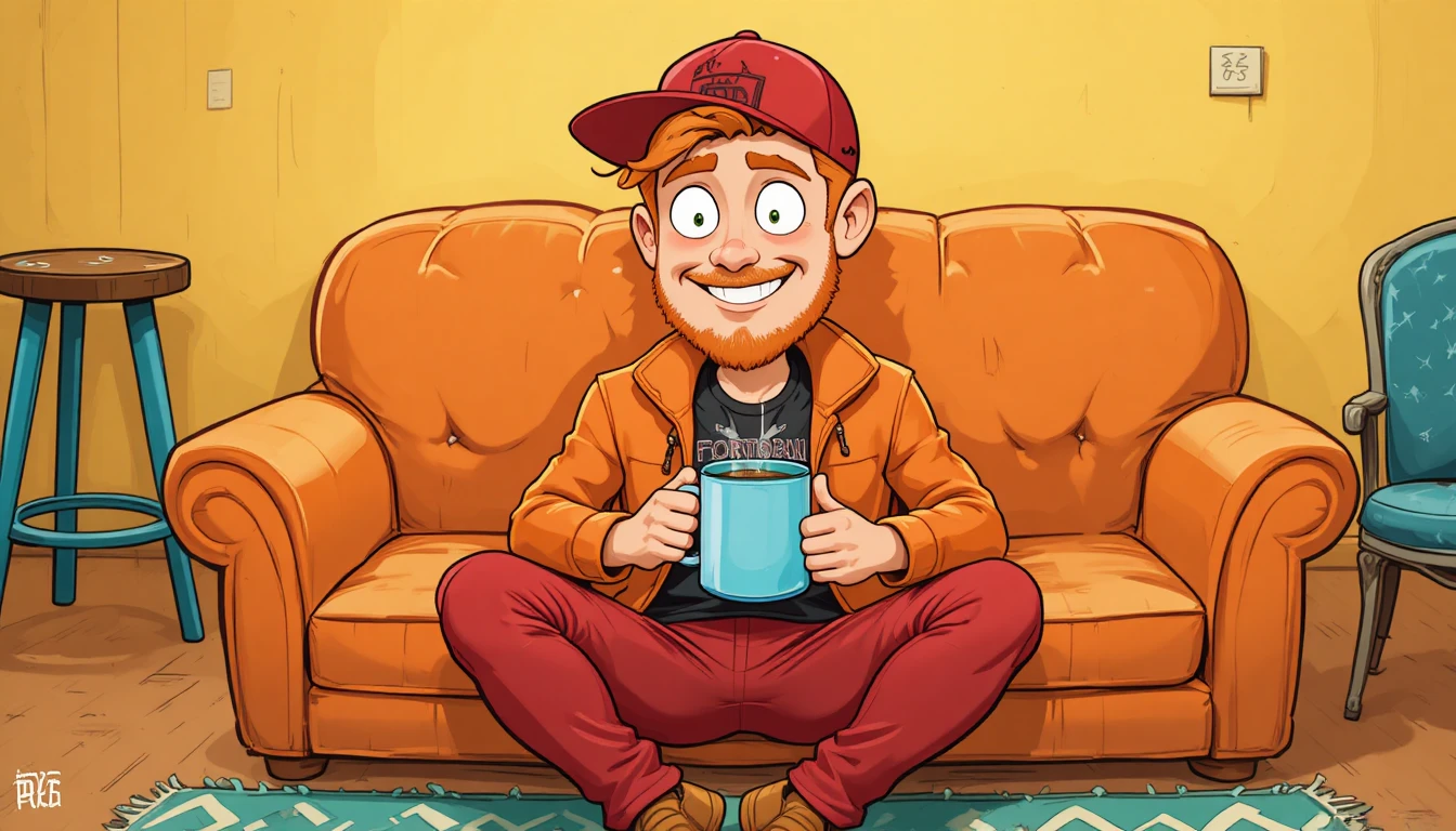 A ginger-haired man relaxes on an orange sofa with a steaming mug