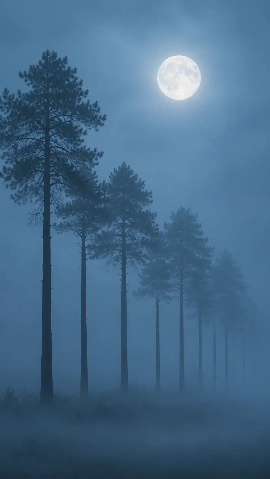 Altos pinos se alzan entre la niebla bajo una brillante luna llena