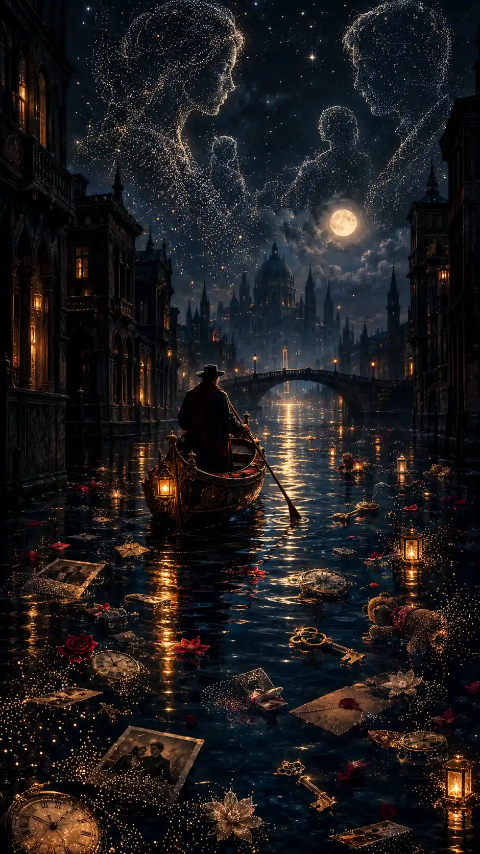 A boatman guides a wooden vessel through a moonlit city canal
